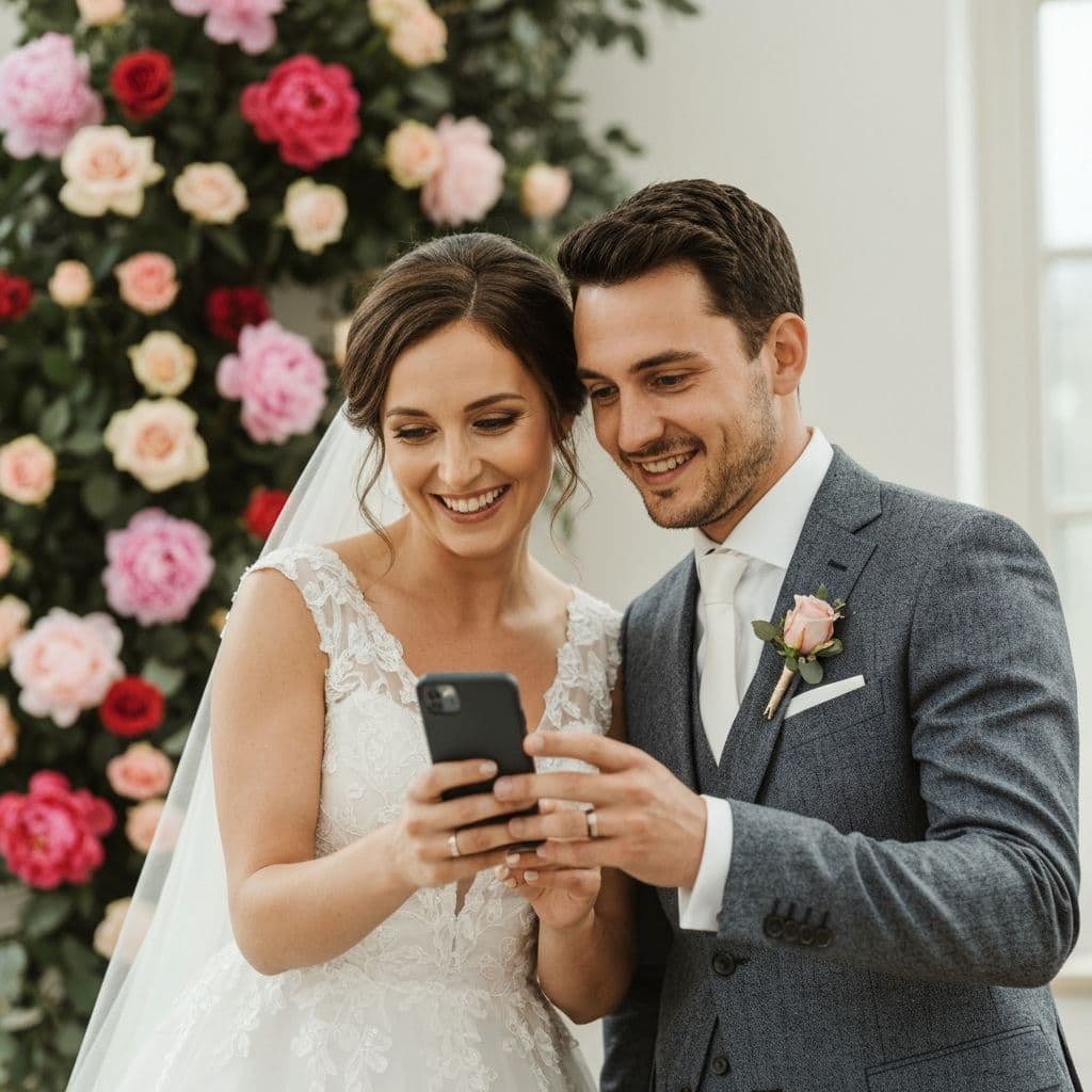 Brautpaar schaut sich Fotos an